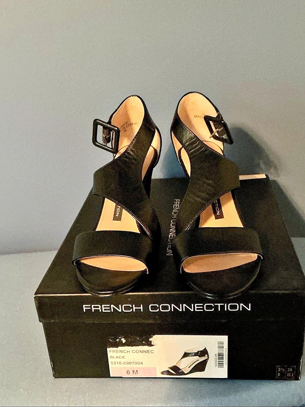 French Connection Black Wedge Sandals US 6 M Like New